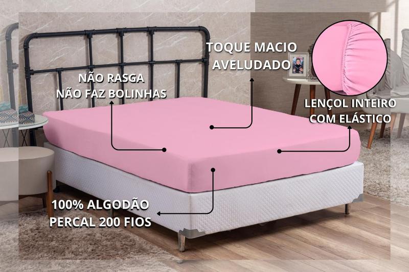 Imagem de Lençol Queen Size 100% Algodão Percal 200 Fios com Elástico Forro de Cama