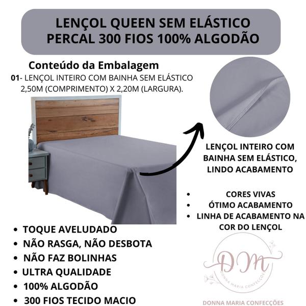 Imagem de Lençol Queen Size 100% Algodão Sem Elástico Percal 300 Fios Hotel Fazenda Cama Box Avulso