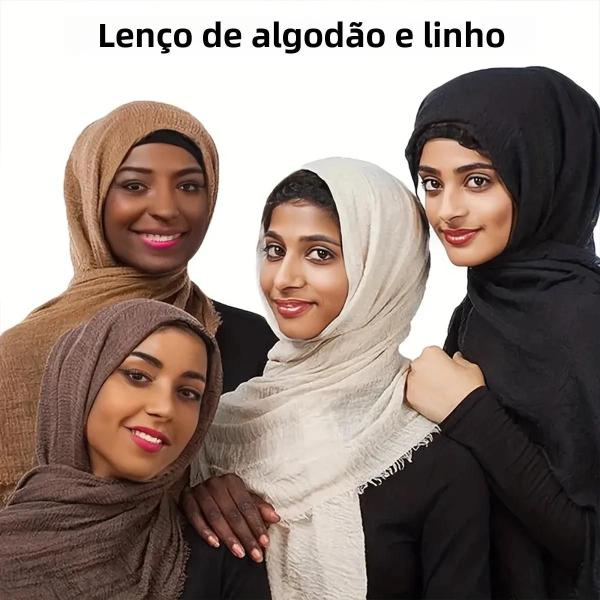 Imagem de Lenços Femininos Longos de Algodão e Linho - Hijab Xale Liso