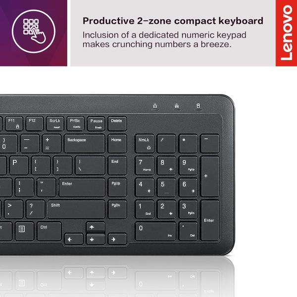 Imagem de Lenovo 300 Wireless Combo Teclado e Mouse, 2,4 GHz Nano USB-A Receiver, Baterias Incluídas