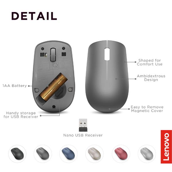 Imagem de Lenovo 530 Mouse sem fio com bateria, 1200 DPI Optical Mouse, Receptor USB, 3 Button, Portátil, Ambidextrous, GY50Z49089, Cinza Graphite