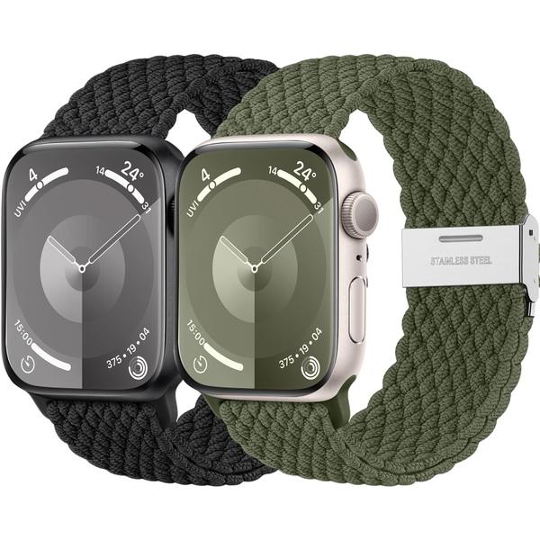 Imagem de Lerobo 2 Pack Solo Loop Trançada para Apple Watch, 38-49mm, Nylon (preto/Verde Exercito)