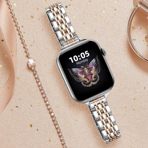 Imagem de Lerobo Pulseira Aço Inoxidável Fina p/ Apple Watch, Ajustável (Royal Gold/Silver)