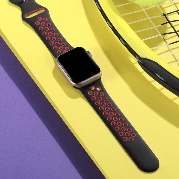 Lerobo Pulseira de Silicone Respirável para Apple Watch (Preto/Vermelho) Imagem de Lerobo Pulseira de Silicone Respirável para Apple Watch (Preto/Vermelho)