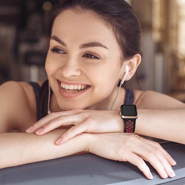 Lerobo Pulseira de Silicone Respirável para Apple Watch (Preto/Vermelho) Imagem de Lerobo Pulseira de Silicone Respirável para Apple Watch (Preto/Vermelho)
