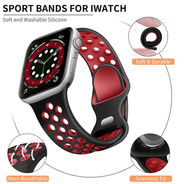 Lerobo Pulseira de Silicone Respirável para Apple Watch (Preto/Vermelho) Imagem de Lerobo Pulseira de Silicone Respirável para Apple Watch (Preto/Vermelho)