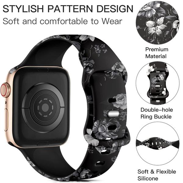 Imagem de Lerobo Pulseira Floral de Silicone para Apple Watch, 38-49mm (Rosas negras)