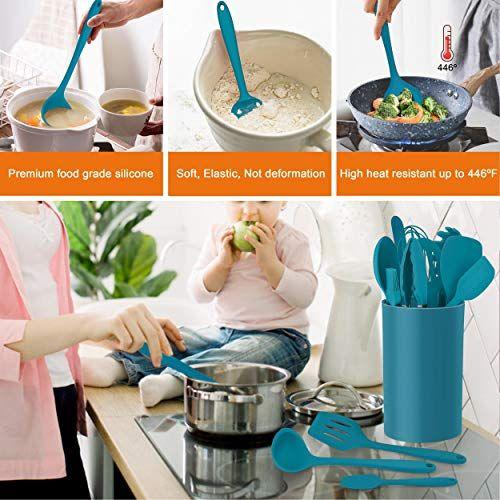 Imagem de LIANYU 14 Pcs Cooking Utensils Conjunto com suporte, suporte de cozinha de silicone resistente ao calor conjunto utensílios de cozinha, ferramentas de cozinha de cozinha inclui Spatula Spoon Turner Whisk Tong, Lava-louça seguro, azul escuro