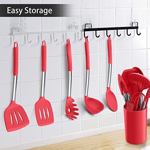 Imagem de LIANYU 15-Piece Cozinha Cozinha Utensílios Conjunto com suporte, ferramentas de cozinha de silicone alça de aço inoxidável, espátula ranhulada colher turner tong escova de batedor para cozinhar, vermelho