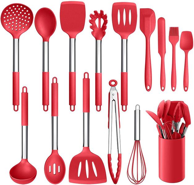 Imagem de LIANYU 15-Piece Cozinha Cozinha Utensílios Conjunto com suporte, ferramentas de cozinha de silicone alça de aço inoxidável, espátula ranhulada colher turner tong escova de batedor para cozinhar, vermelho