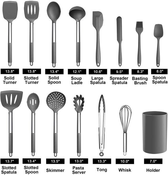 Imagem de LIANYU 15-Piece Cozinha Cozinha Utensílios Conjunto com Suporte, Ferramentas de Cozinha de Silicone Alça de aço inoxidável, Spatula Spoon Turner Tong Escova de batedor para cozinhar, cinza