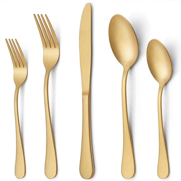 Imagem de LIANYU 20 Peça Matte Gold Silverware Set, Inoxidável Aço Dourado Flatware Cutlery Set para 4, Fancy Kitchen Utensil Tableware Set para home restaurant party, acabamento de cetim, lava-louças safe