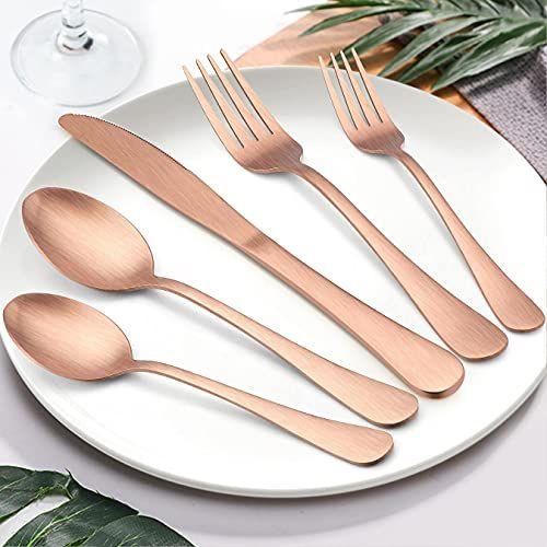 Imagem de LIANYU 40 Peça Matte Copper Silverware Set, Inoxidável Aço Rosa Ouro Flatware Cutlery Set para 8, Fancy Kitchen Utensil Tableware Set para Home Restaurant Party, Acabamento de Cetim, Lava-louças Safe