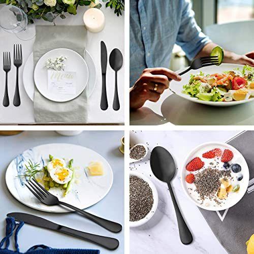 Imagem de LIANYU 40 Peça Matte Preto Silverware Set, Inoxidável Aço Preto Flatware Cutlery Set para 8, Fancy Kitchen Utensil Tableware Set para home restaurant party, acabamento de cetim, lava-louças seguro