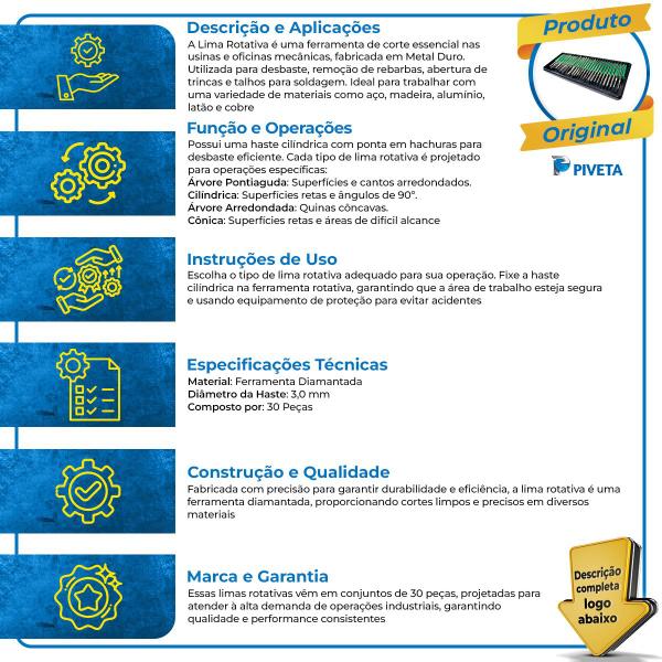 Imagem de Lima Rotativa Metal Duro - Diamantada Haste 3,0mm - 30 Peças