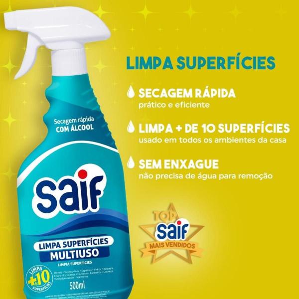 Imagem de Limpa Superfícies Multiuso Com Gatilho Saif 500Ml, Limpador Multiuso De Superfícies Spray, Azul Turquesa, Secagem Rápida