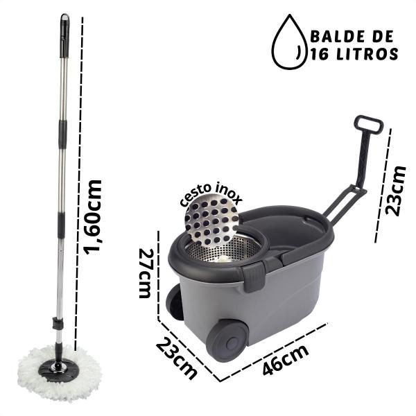 Imagem de Limpador De Chão Mop Giratório Aço Inox Para Todos os Pisos Centrífuga 360 com Cesto em Inox Com 16 Litros Balde Esfregão