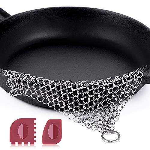 Imagem de Limpador de ferro fundido de aço inoxidável Amagabeli com raspadores de grade de panela de plástico durável 8 x6" 316L Chainmail Scrubber Acessórios de panelas Skillet Scraper Pot Grill Brush Cleaning Tools Set BG063