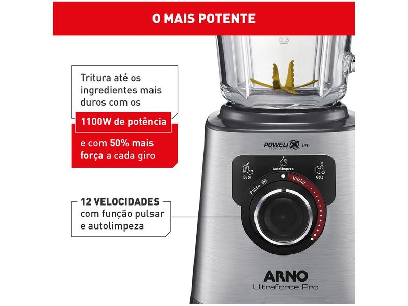 Imagem de Liquidificador Arno Ultraforce Pro LN93 Copo de Vidro 12 Velocidades 1100W Inox