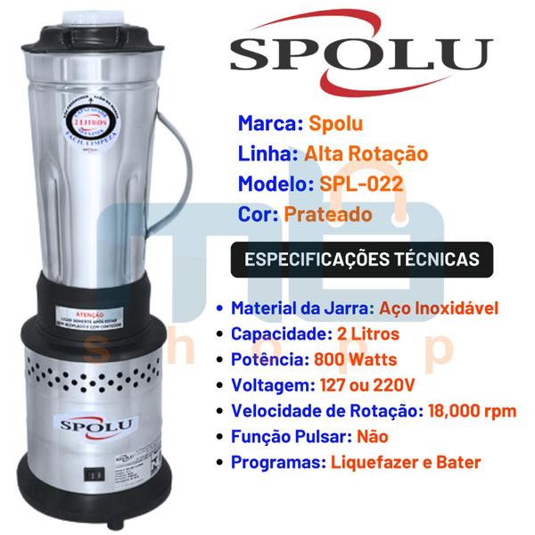 Imagem de Liquidificador Industrial Alta Rotação 2 Litros 800w Inox Spolu 127v