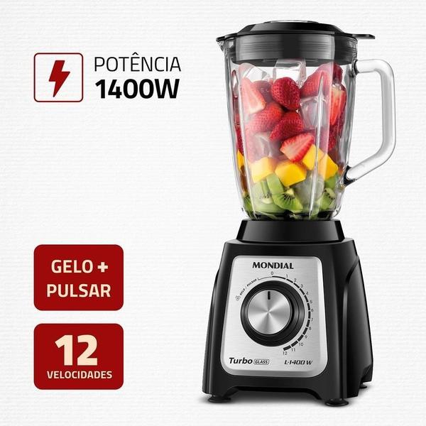 Imagem de Liquidificador Mondial L-1400GI  Turbo Glass, 1400W, Jarra de Vidro, Preto/Inox