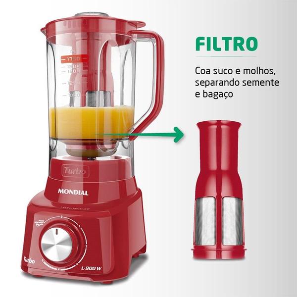 Imagem de Liquidificador Mondial L-900 Turbo com Filtro, Copo de Acrílico, 5 Velocidades + Pulsar, 900W, Vermelho