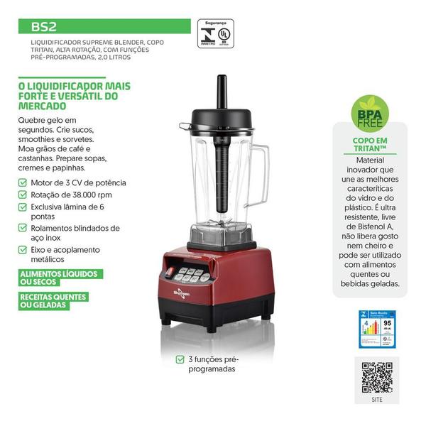 Imagem de Liquidificador Supreme Blender Alta Rotação Com Funções 2l Vermelho Bs2 - Skymsen 220v