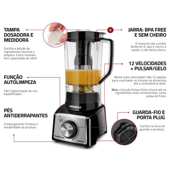 Imagem de Liquidificador Turbo Mondial  12 Velocidades Black 1100W Potente com  Jarra de 3 Litros e Acabamento em Inox L-1100 