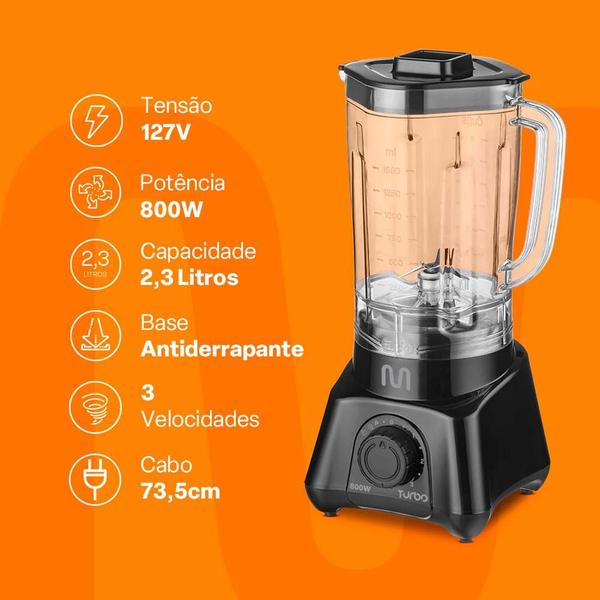 Imagem de Liquidificador Turbo Preto 2,3L 3 Velocidades 800W 127V Multi Home - LQ791