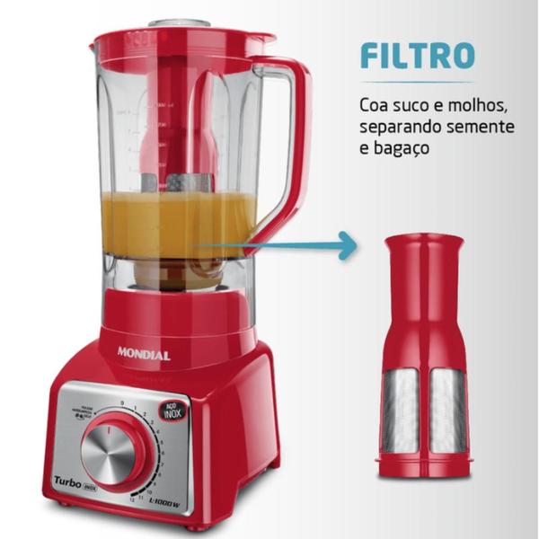 Imagem de Liquidificador Turbo Vermelho/Inox 1000W 12 Velocidades Mondial 220V