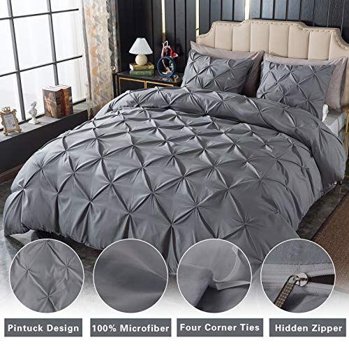 Imagem de Litanika King Pinch Pleat Duvet Cover Cinza Escuro, 3 Peças Pintuck Capa Macia Conjunto de Cama de Microfibra com Fechamento de Zíper & Laços de Canto (104x90Inch-1 Capa de edredom, 2 fronhas)