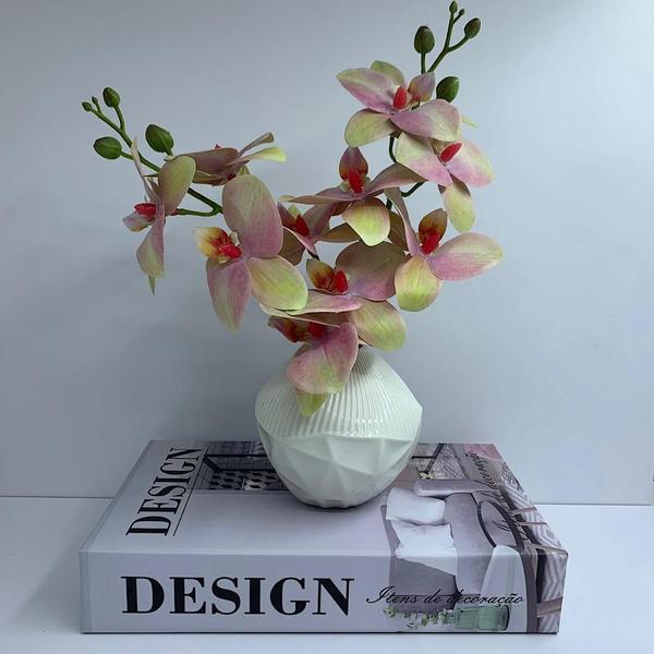 Imagem de Livro decorativo e vaso branco de cerâmica com orquídea