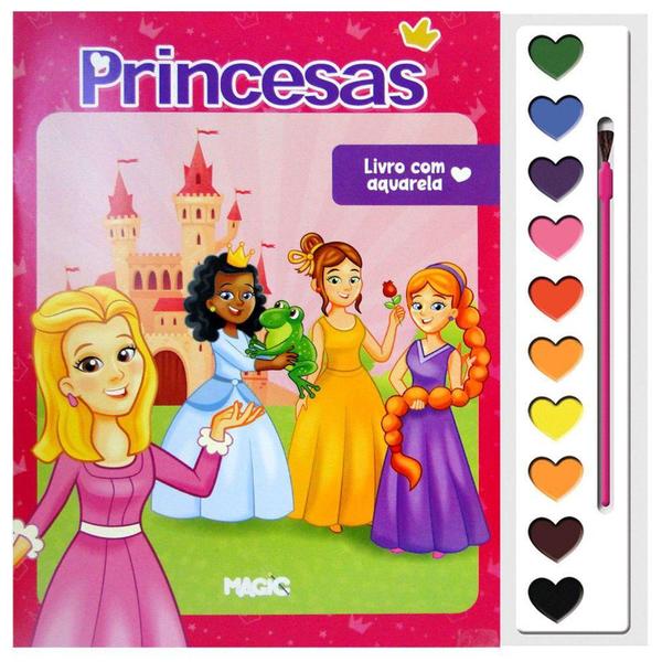 Imagem de Livro princesas aquarela com 10 cores + pincel  28x27cm -