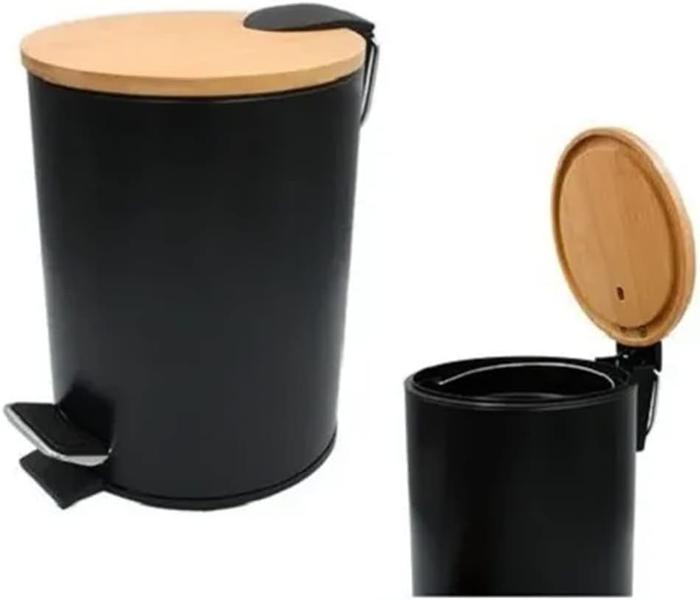 Imagem de Lixeira 3 Litros Preta Em Inox, Bambu e Plástico Com Pedal