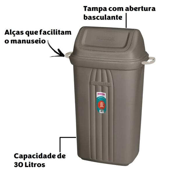 Imagem de Lixeira 30l Com Tampa Basculante Plástico Alças Cesto De Lixo Áreas Externas - SR283 Sanremo