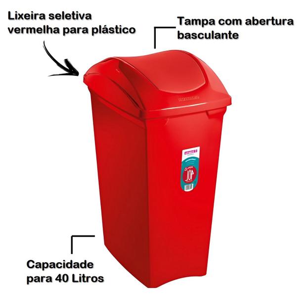 Imagem de Lixeira 40 Litros Seletiva Vermelha Para Plástico Cesto De Lixo Tampa Basculante - SR64/22 Sanremo