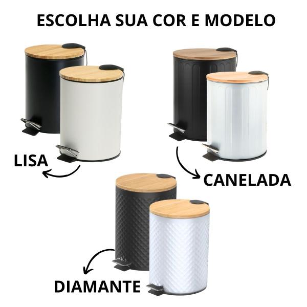 Imagem de Lixeira 5L Cozinha Banheiro Escritório Com Pedal Cesto de Lixo Preto Branco Tampa Em Bambu Com Amortecedor