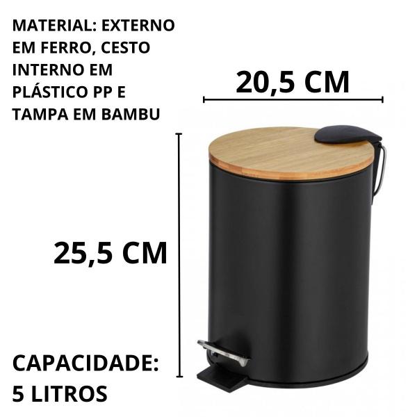 Imagem de Lixeira 5L Cozinha Banheiro Escritório Com Pedal Cesto de Lixo Preto Branco Tampa Em Bambu Com Amortecedor