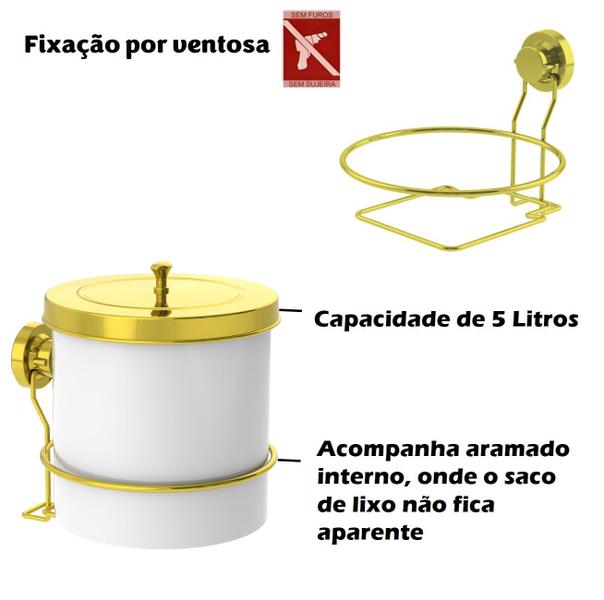 Imagem de Lixeira 5L Tampa Redonda Com Suporte Ventosa Cesto De Lixo Branco Dourado - 4035BCD Future