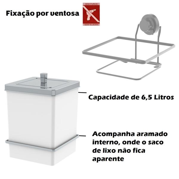 Imagem de Lixeira 6,5L Tampa Quadrada Com Suporte Ventosa Cesto De Lixo Branco Cromado - 8065BCC Future