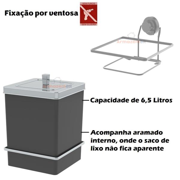 Imagem de Lixeira 6,5L Tampa Quadrada Com Suporte Ventosa Cesto De Lixo Preto Cromado - 8065PTC Future