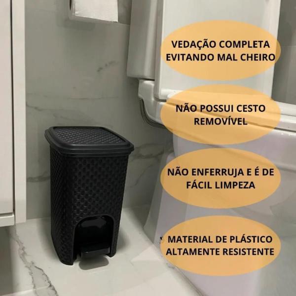 Imagem de Lixeira 7 Litros Multiuso Com Pedal Preto Trama Rattan Montada Fácil De Limpar Cozinha Banheiro Escritório Quarto Cesto