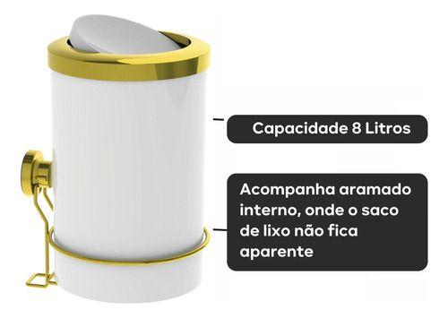 Imagem de Lixeira 8l Basculante Com Suporte Com Ventosa Branco Dourado