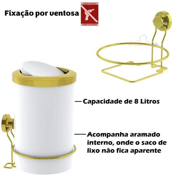 Imagem de Lixeira 8L Basculante Com Suporte Com Ventosa Branco Dourado