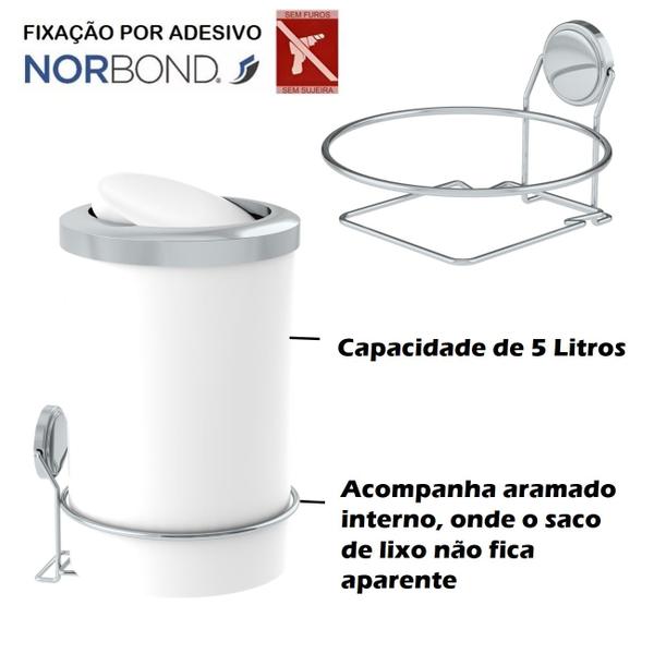 Imagem de Lixeira 8L Tampa Basculante Redonda Com Suporte Adesivo Cesto De Lixo Branco Cromado - 156BCC Future