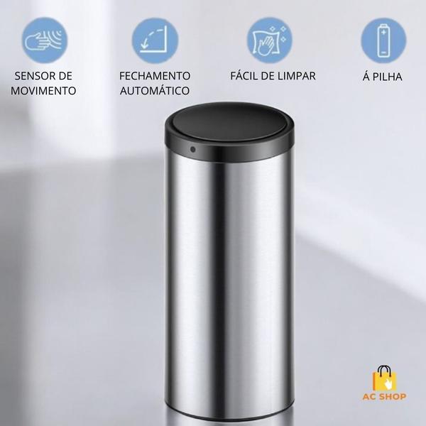 Imagem de Lixeira Automática Lixo Sensor Inteligente de Proximação Aço Inox Redonda Grande 50L Cesto Multiuso Casa Banheiro Prata