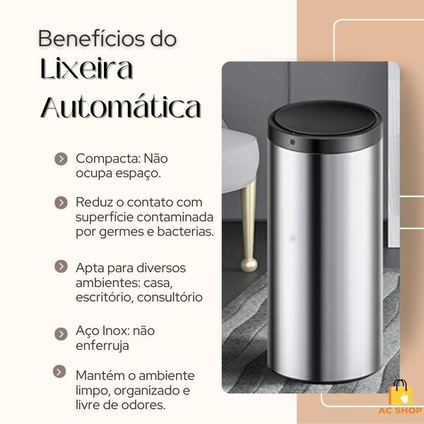 Imagem de Lixeira Automática Lixo Sensor Inteligente de Proximação Aço Inox Redonda Grande 50L Cesto Multiuso Casa Banheiro Prata