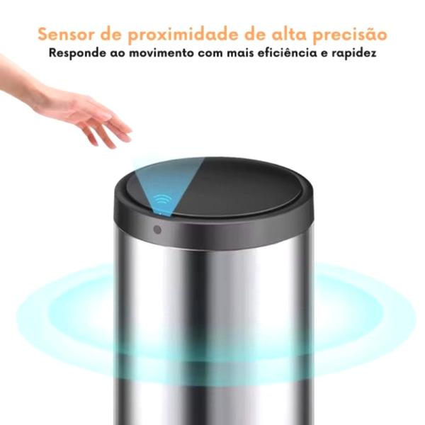 Imagem de Lixeira Automática Redonda em Aço Inox Capacidade para 50 Litros com Sensor de proximidade Cesto Removível Recarregável USB