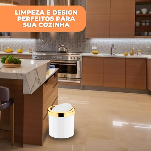 Imagem de Lixeira Basculante 5 Litros Cozinha Banheiro Lavabo Pia Com Tampa Branco Dourado Gold Future