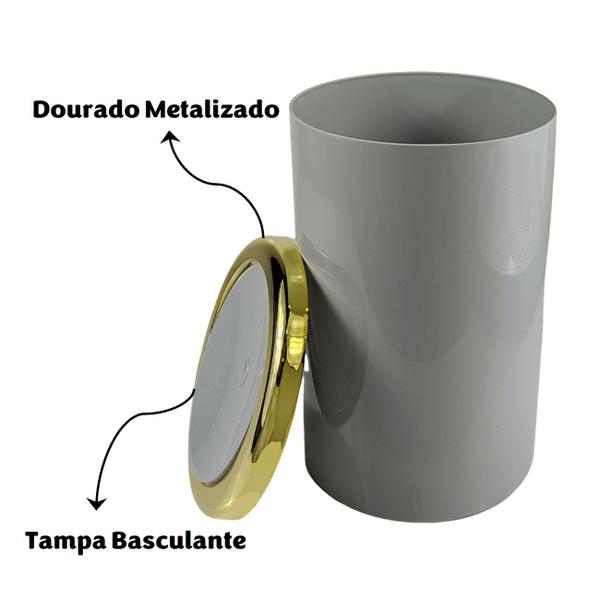 Imagem de Lixeira Basculante 8 Litros Redonda Cozinha Banheiro Cinza Dourado - AMZ